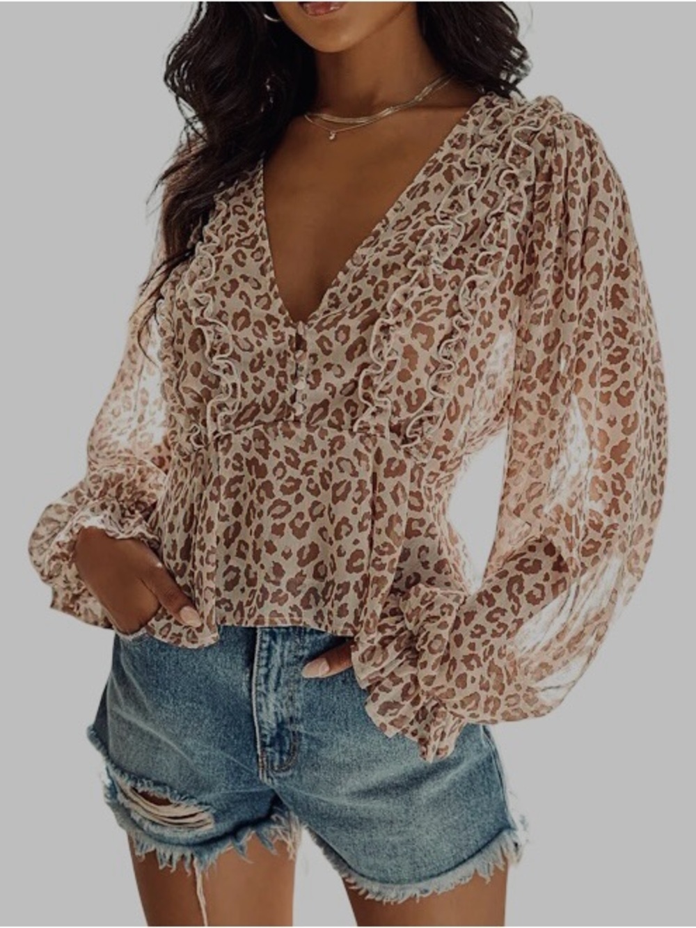 Lulu's Women’s Cream and Brown Leopard Print V-Neck Peplum Blouse, Sz L. NWT